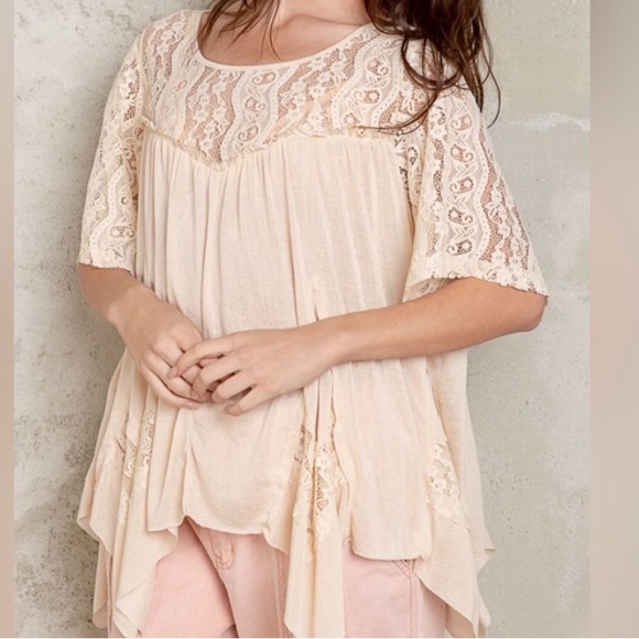 POL Cream Lace Knit Top | Semi Sheer Short Sleeve Tie Back Chic - Picture 3 of 7